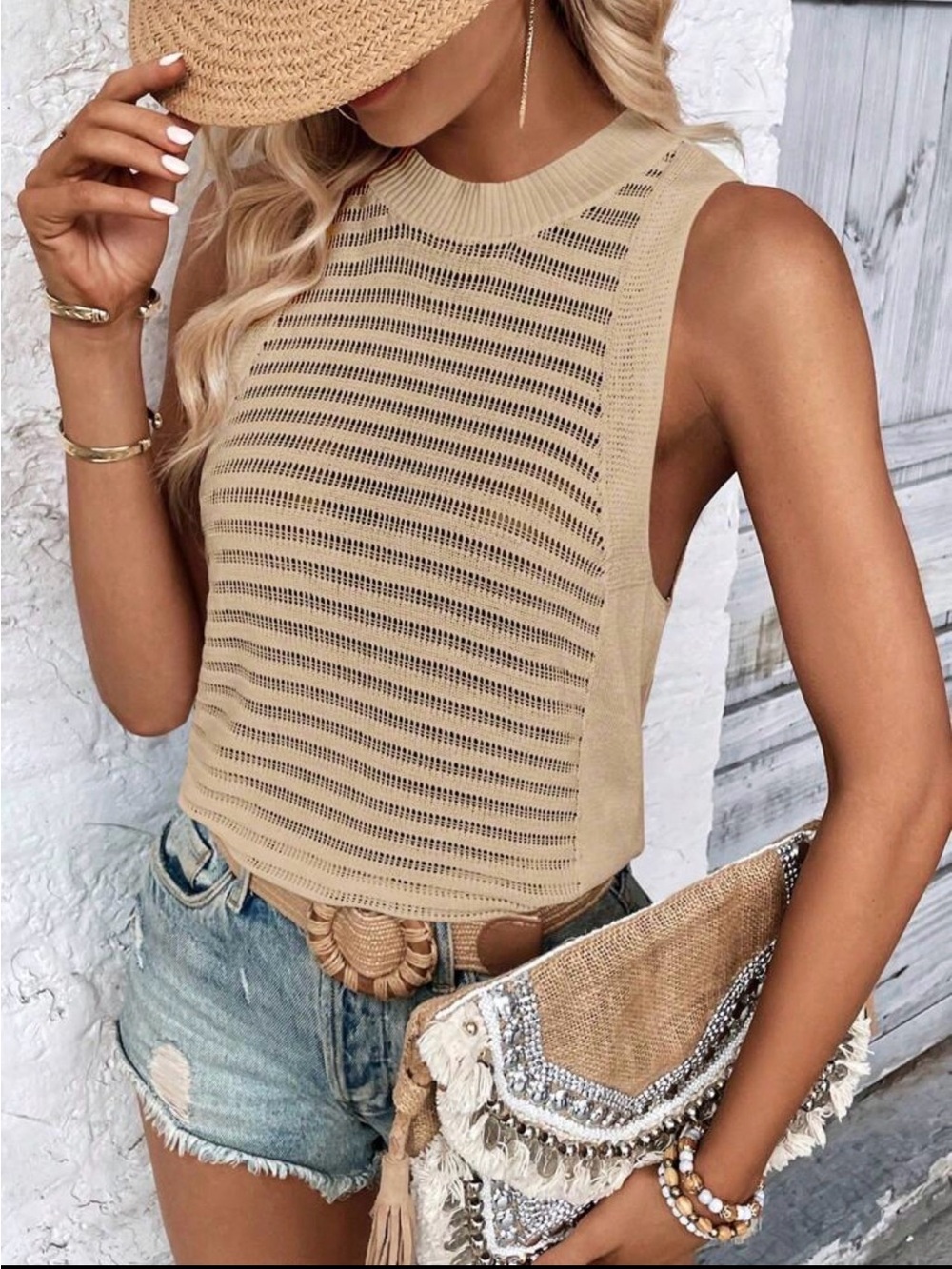Ribbed Open-Knit Tank Top in Beige - Casual Summer Layer Size M